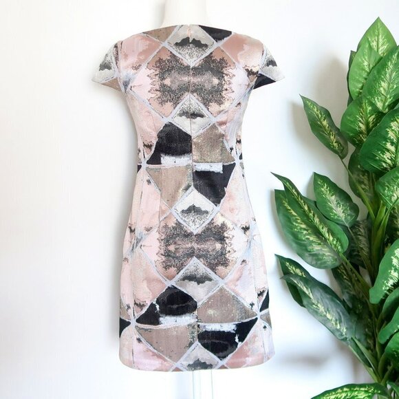 Vince Camuto Pink, Metallic & Black Cap Sleeve Jacquard Fit & Flare Mini Dress 2 - Picture 3 of 8